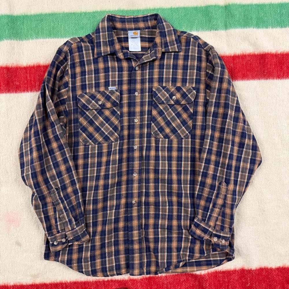 Vintage 90s Carhartt Made in USA Flannel Shirt Plaid Navy Tan Mens Large L